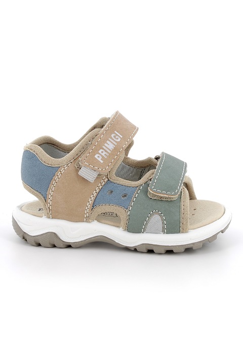 Primigi, Sandale cu inchidere velcro si logo, Verde/Albastru/Maro nisip