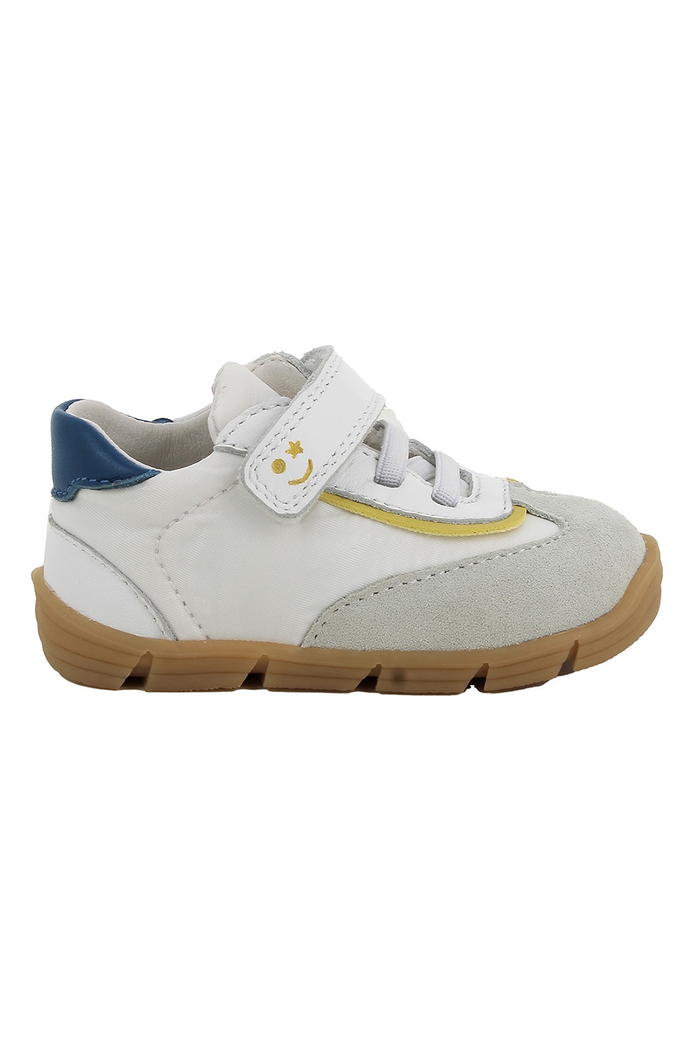Primigi, Pantofi sport cu inchidere velcro si garnituri din piele intoarsa, Alb murdar, Bleumarin, Galben mustar, 26 EU