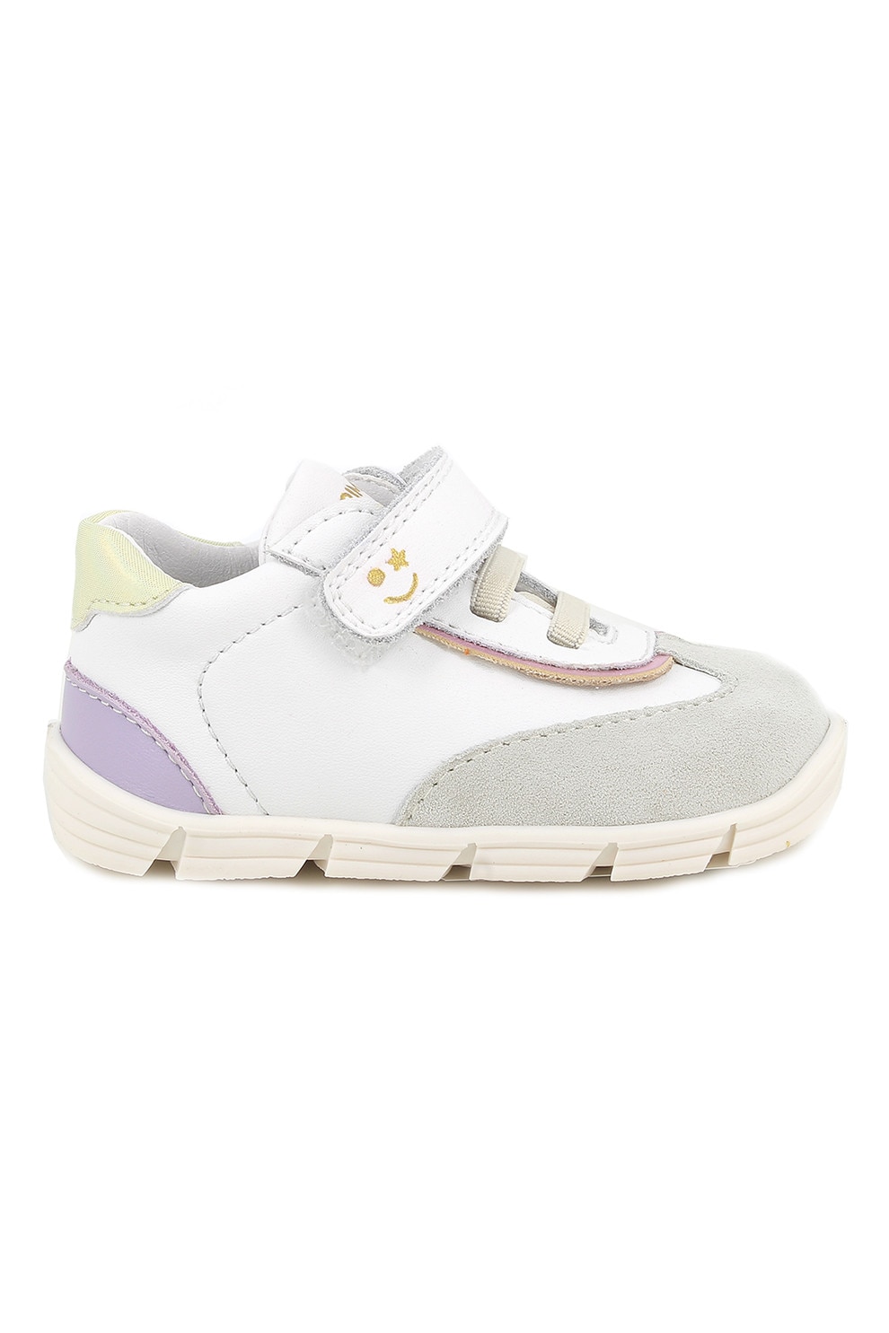Primigi, Pantofi sport din piele si piele intoarsa cu inchidere velcro, Alb, Violet, Galben pal, 26 EU