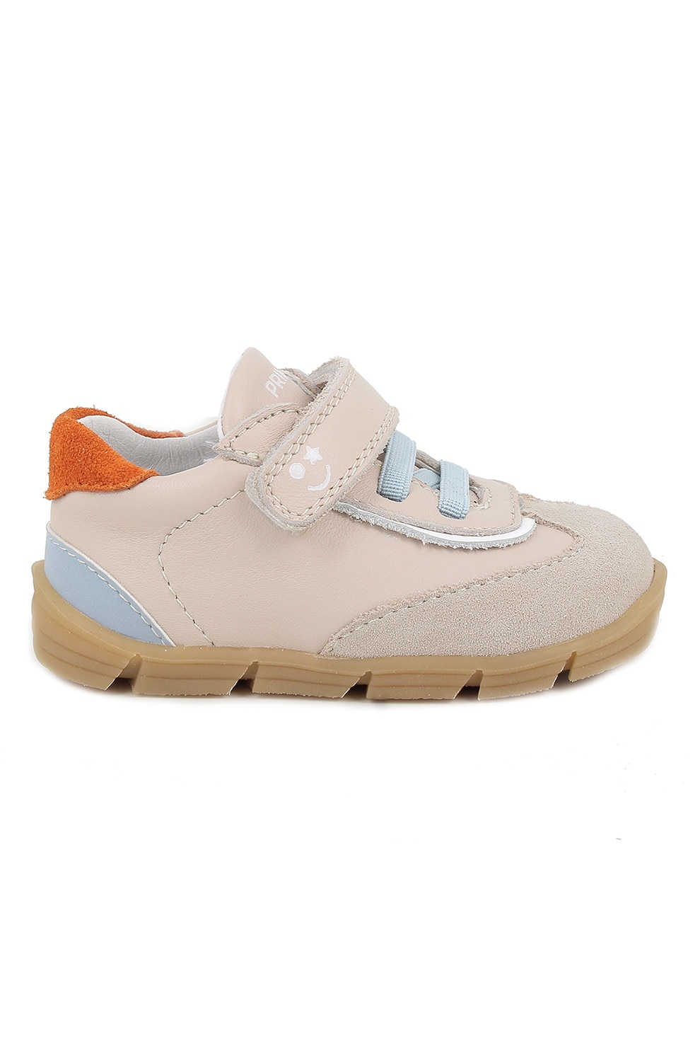 Primigi, Pantofi sport din piele si piele intoarsa cu inchidere velcro, Portocaliu mandarina, Albastru pal, Maro nisip, 26 EU