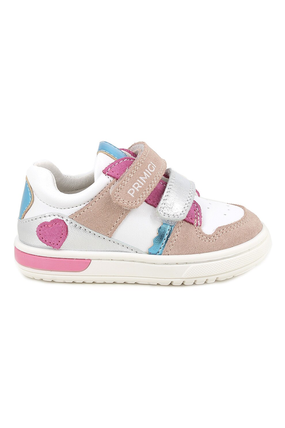 Primigi, Pantofi sport cu garnituri din piele si segment dublu cu inchidere velcro, Alb, Roz, Albastru deschis, 25 EU