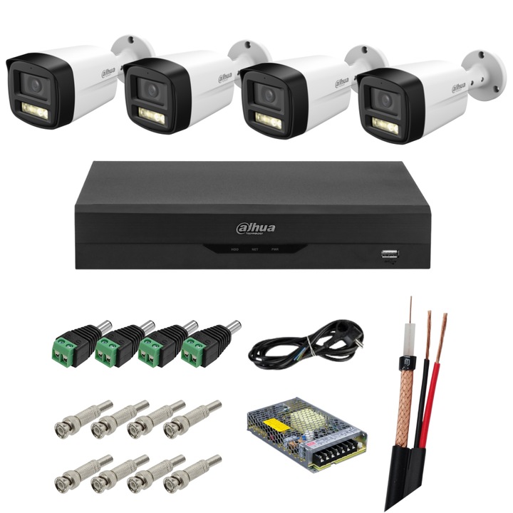 Dahua megfigyelőrendszer, AI funkciókkal, 4 kamera, 4K 8MP, mikrofon, Smart Dual Light, 4 csatornás DVR, szerelési tartozékokkal, mobilnézési lehetőséggel