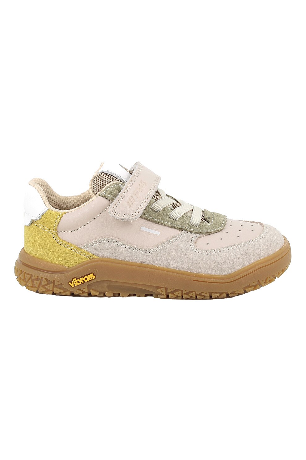 Primigi, Pantofi sport din piele si piele intoarsa cu model colorblock, Alb, Bej, Galben mustar, 25 EU