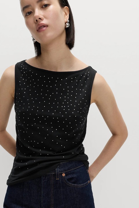 Marks & Spencer, Top cu decolteu barcuta si strasuri, Negru/Argintiu