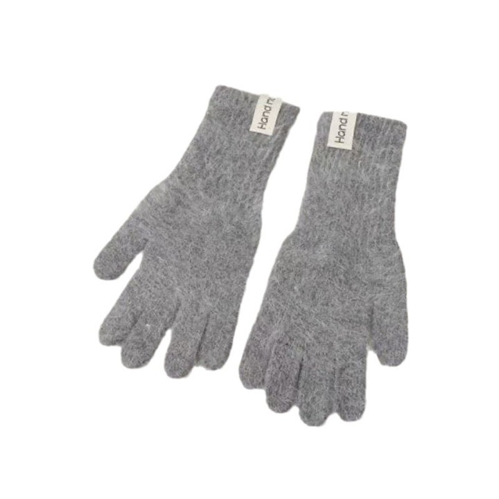 Дамски дълги плетени зимни ръкавици от изкуствена заешка кожа, дебели термо ръкавици с пет пръста, светлосиви ръкавици за колоездене