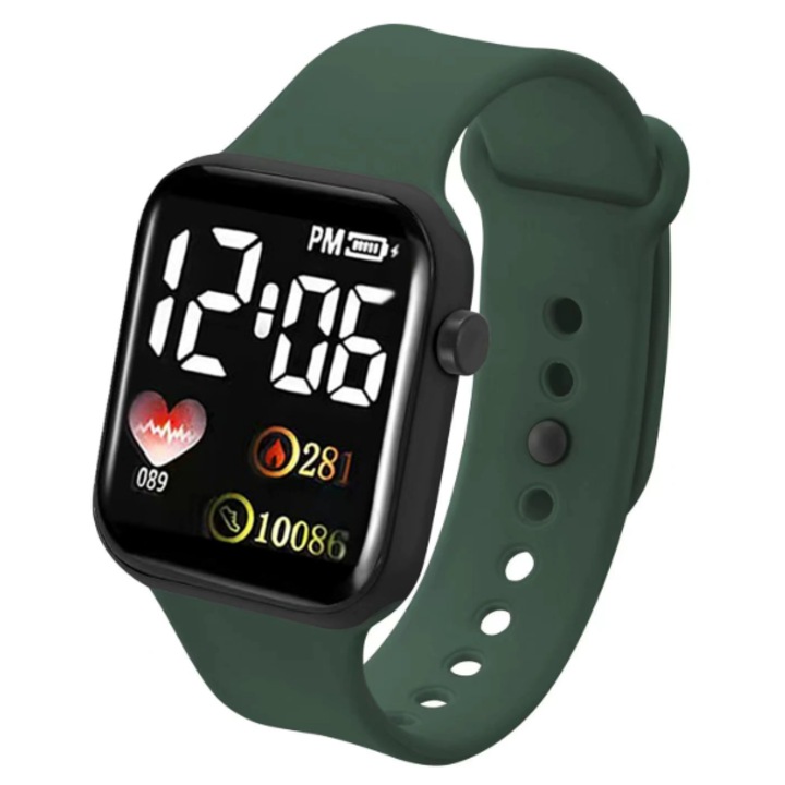 Смарт часовник KENSUI дигитален за деца, квадратен, армейско зелен, силиконова каишка
