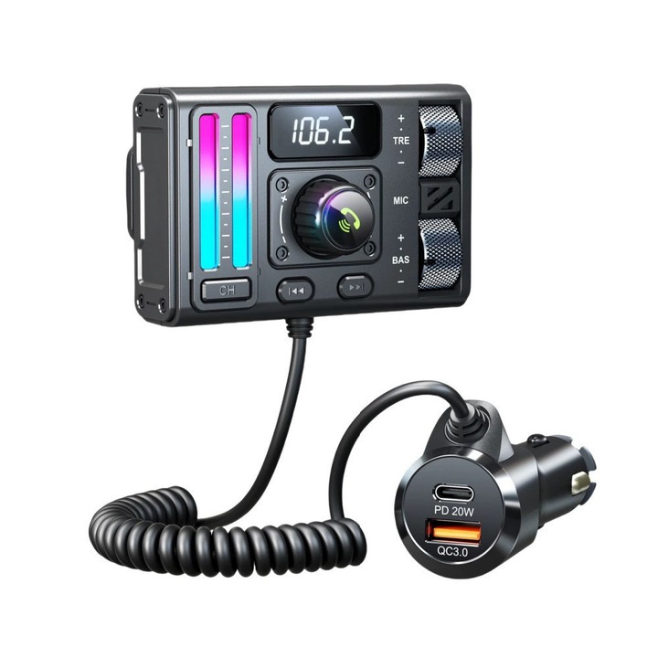 FM Bluetooth adó MT02, MP3 lejátszó mély basszussal, AUX port, gyors PD töltés, kompatibilis 12V-24V autókhoz