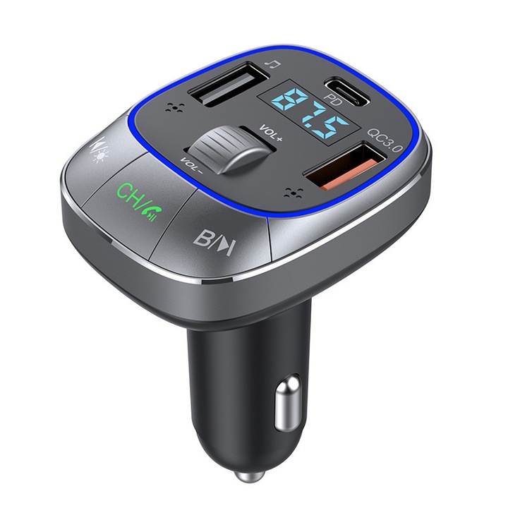 FM transzmitter T76, PD 30W, QC3.0, fekete, 12V-24V