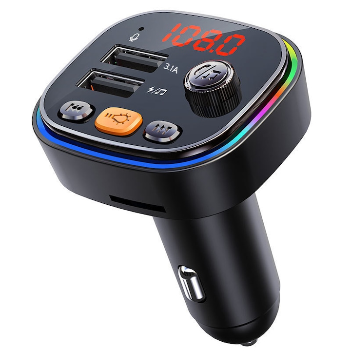 Autós Bluetooth FM transmitter C20, dupla USB porttal, MP3 lejátszó, fekete, univerzális 12V-24V