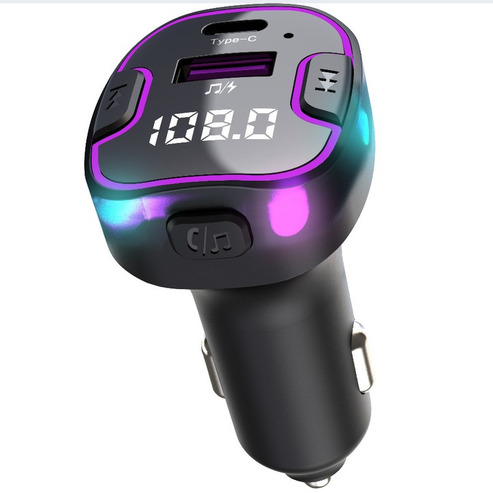 FM transzmitter C49, MP3 lejátszó kettős USB töltéssel, fekete, univerzális 12V-24V