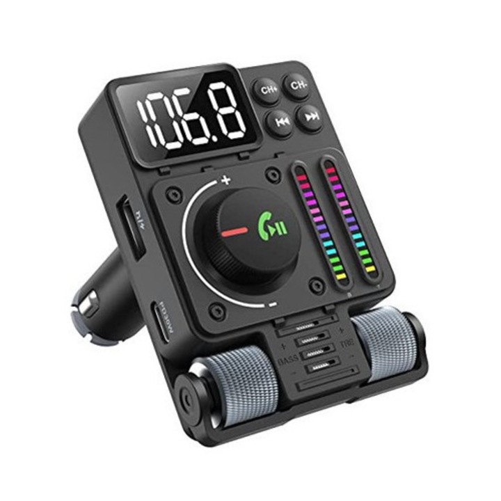 Transmitator FM Bluetooth MT01, player MP3 HIFI, egalizator Bass si Treble, suport USB, negru