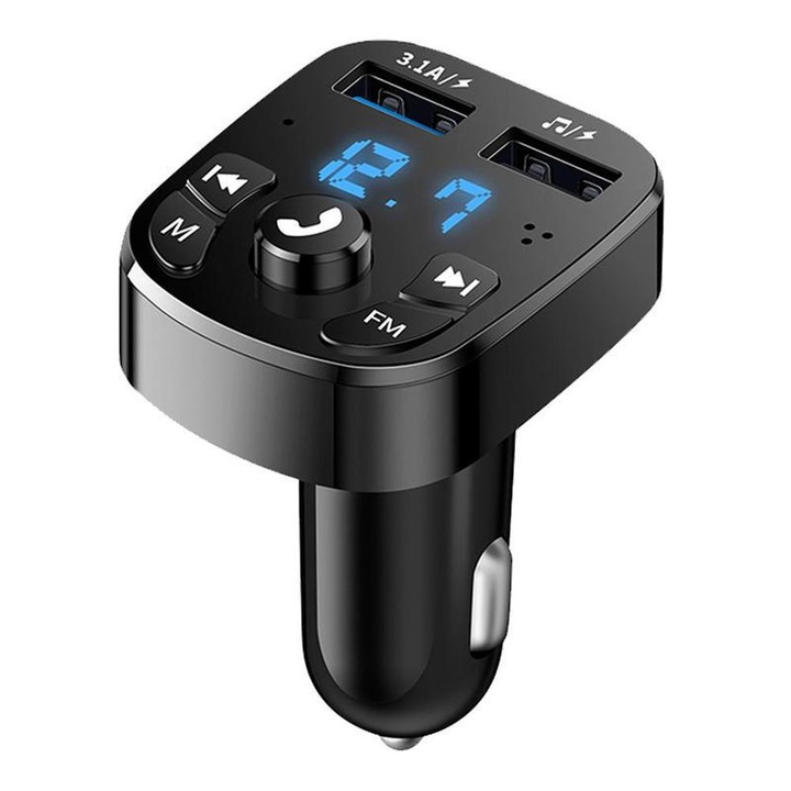 FM transzmitter S5, két USB port, Bluetooth, 12V-24V, fekete