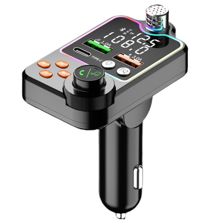 FM modulátor Q15, EQ módok, RGB háttérvilágítás, kettős USB töltő, univerzális 12V-24V