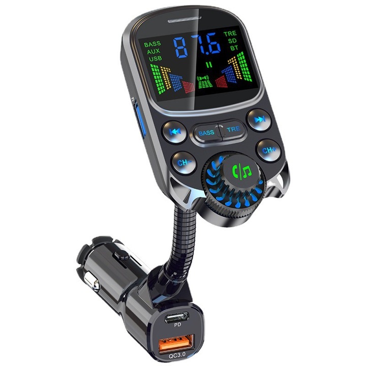 FM Bluetooth adó BC86, gyors PD és USB töltő, autós MP3 lejátszó, TF/USB kártya támogatás, kihangosított hívások, 12V-24V