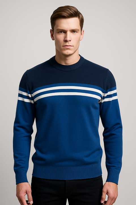 Férfi Pulóver, Kék/Sötétkék Szín, M Méret, Kerek Nyak – Prémium Kötött, Kontrasztos Csíkok