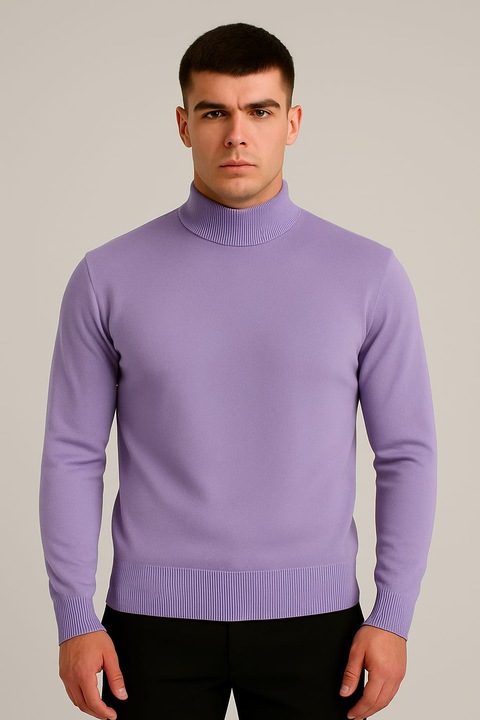 Férfi Pulóver, Lila Szín, M Méret, Magas Gallér, Finom Kötés, Slim Fit Szabás