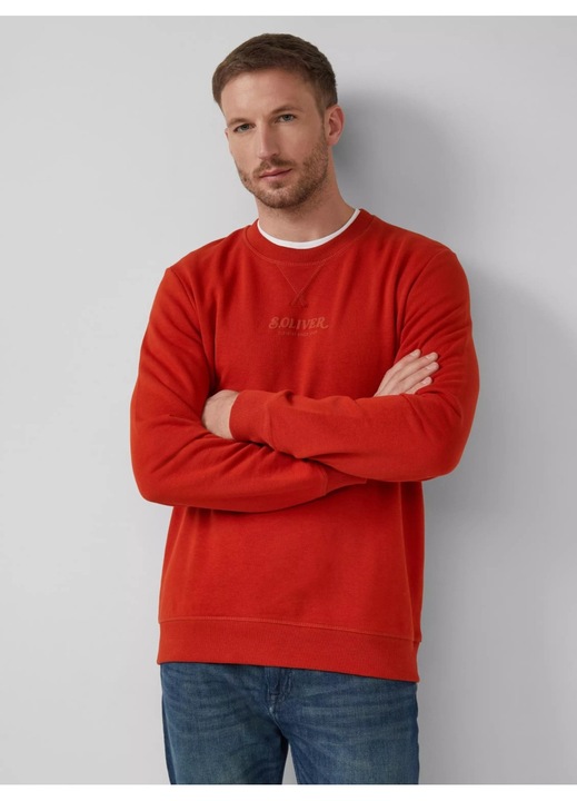 S.Oliver Bluza barbati cu decolteu la baza gatului, logo, Regular Fit, Caramiziu