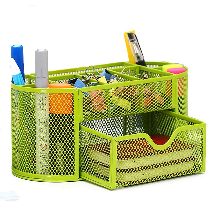 Suport articole birou metalic, 8 compartimente cu sertar, verde, 22x11x11cm