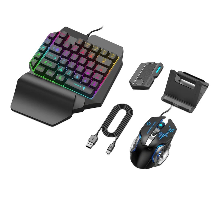 Set tastatura si mouse pentru gaming, 39 taste, iluminare LED, adaptor Bluetooth 5.0, design ergonomic, negru