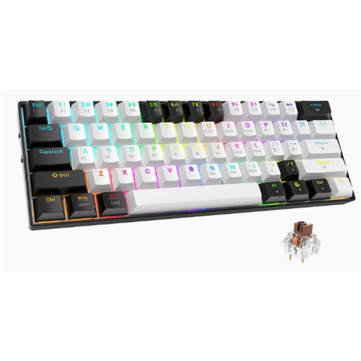 Tastatura mecanica de gaming, 61 taste, iluminare RGB, compacta, conectivitate cablata/Bluetooth, negru si alb