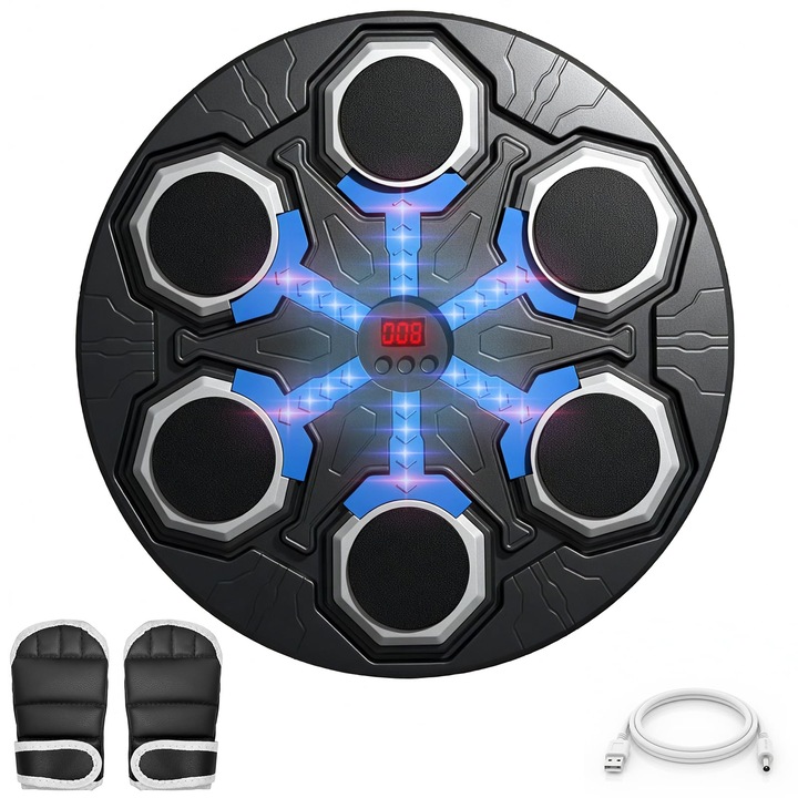 Dispozitiv de antrenament box, LYCENXI®, perete, 15 moduri, 15 viteze, negru/albastru, 34cm