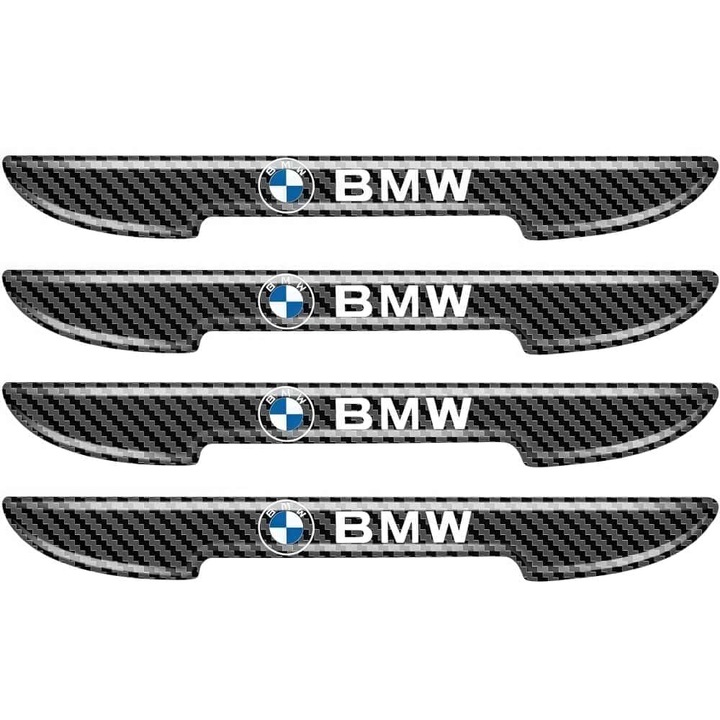 Set de 4 benzi anti-coliziune cu efect carbon, BMW, protectie anti-zgarieturi, 14.7x1.5cm, montare usoara, pentru usi si oglinzi retrovizoare