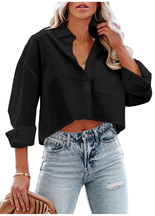 Bluza Scurta Cu Butoane Pentru Femei, De Zi, Casual, Cu Maneci Lungi, Negru