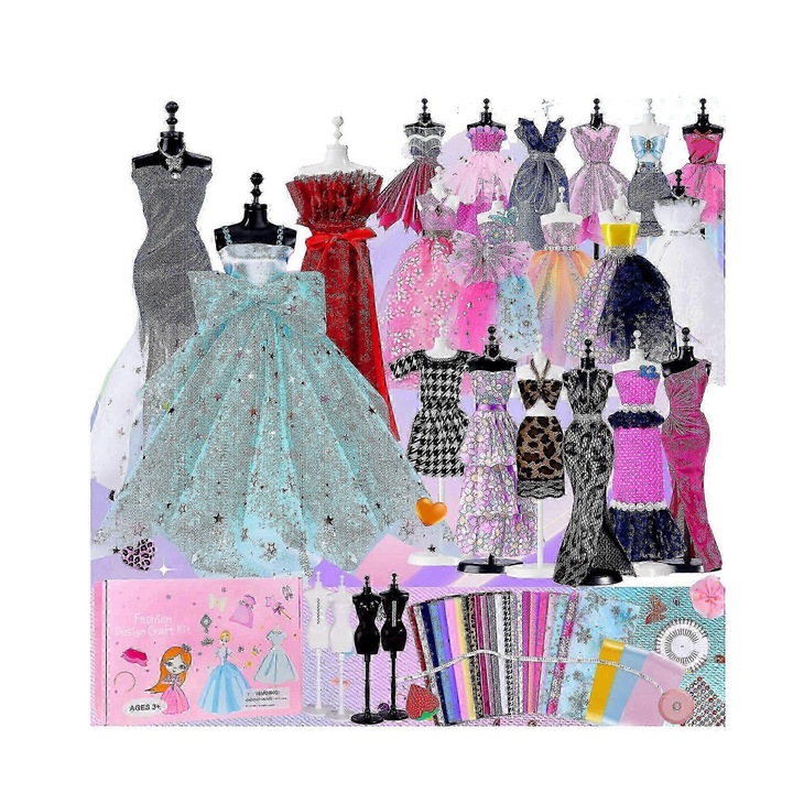 Set de cusut pentru fete (peste 500 de piese), Set de arta si mestesuguri DIY, Set de invatare a cusutului pentru copii, cu 7 modele, Set de mestesuguri pentru copii