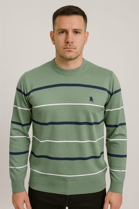 Férfi Pulóver, Zöld, Kötött – Csíkos Modell, Alkalmi-Elegáns, Puha Tapintású Kényelem, Zöld