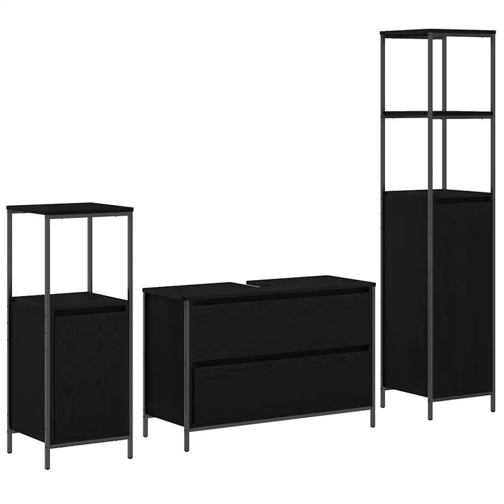 Set de mobilier pentru baie vidaXL, 3 pcs Stejar Negru Lemn compozit
