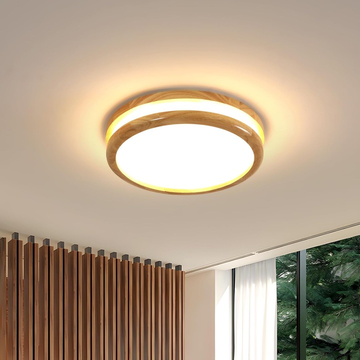 Plafoniera LED Goeco, 24W, lumina calda 3000K, lemn, diametru 30cm