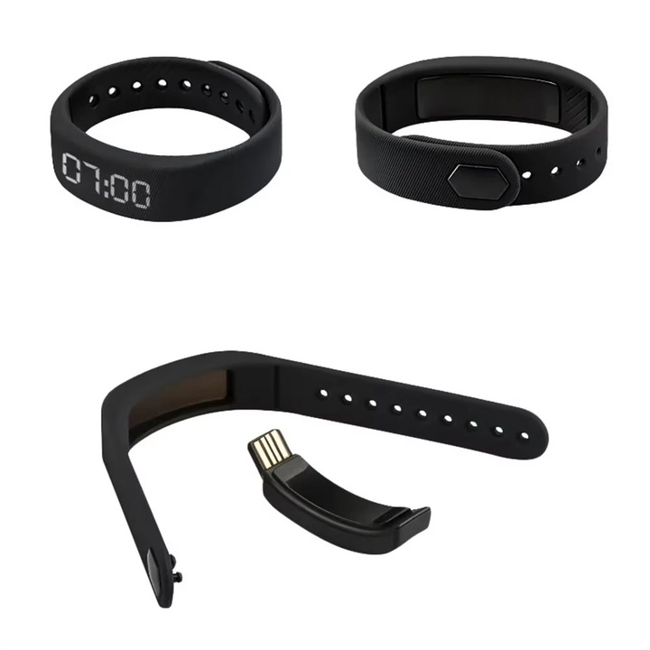 Bratara Inteligenta Retro cu Alarma pe Vibratii, Functie de Numarat Pasii, Ceas, din Silicon, Negru