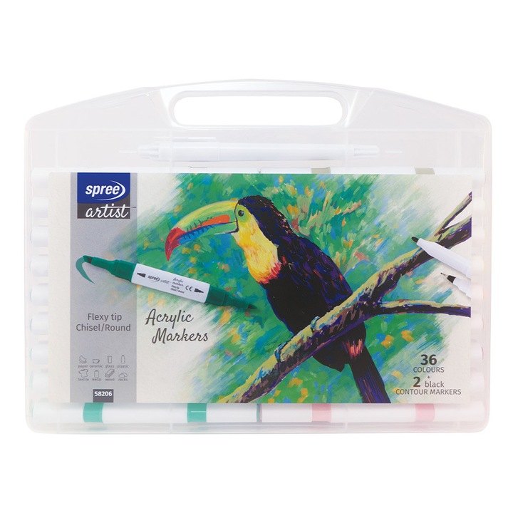Акрилни маркери, Spree, Двувърхи, 36 цв., 2 контурни маркера