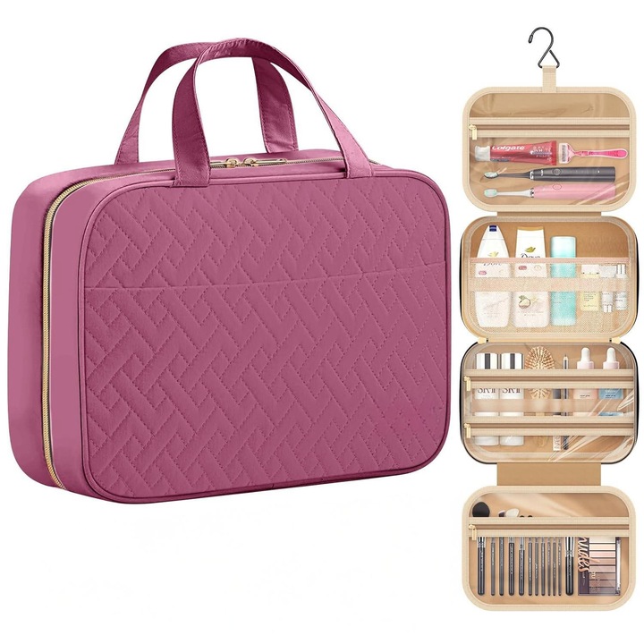 Сгъваема козметична чанта с кука, органайзър за тоалетни принадлежности и аксесоари за пътуване, многофункционална, тъмнорозова