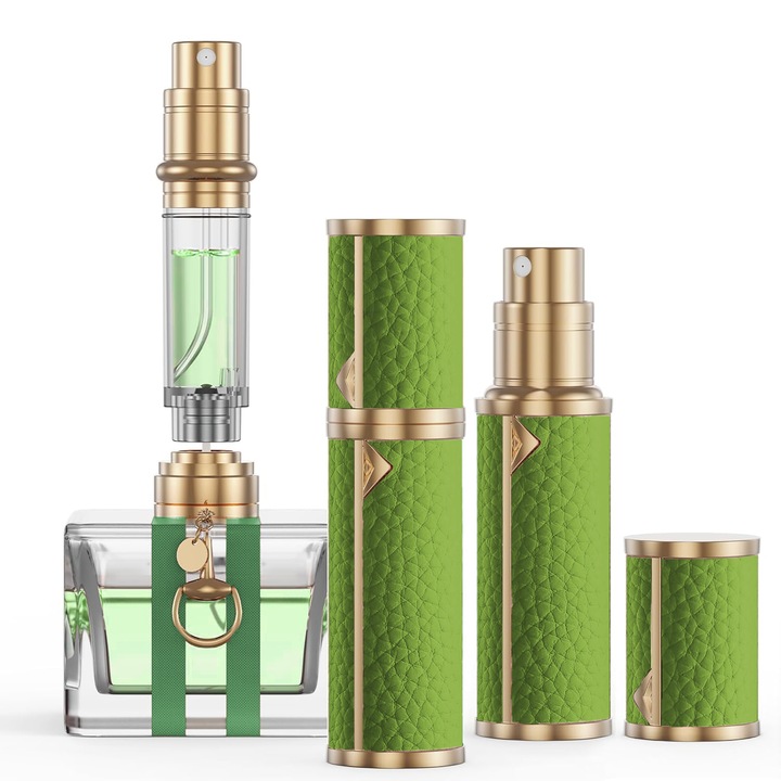 Recipient de parfum reincarcabil, sticla, atomizor portabil, husa din piele, Video Demo, 5ml, Verde neon