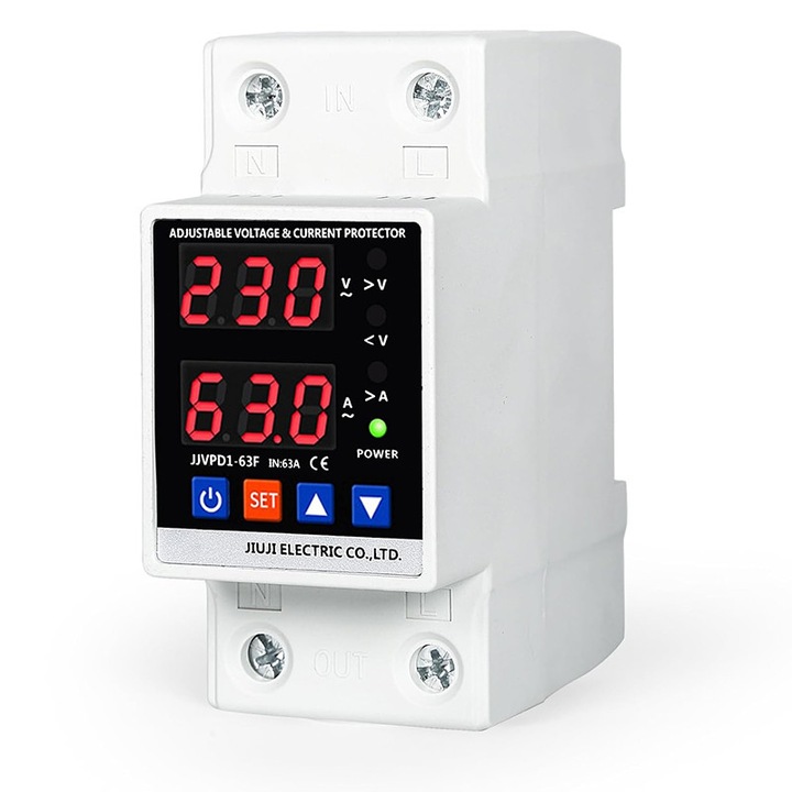 Releu digital de protectie tensiune, Duueyct, 220V, Protectie supratensiune, Protectie subtensiune, protectie ajustabila, resetare automata, 2 afisaje LED, 1-63A, Alb