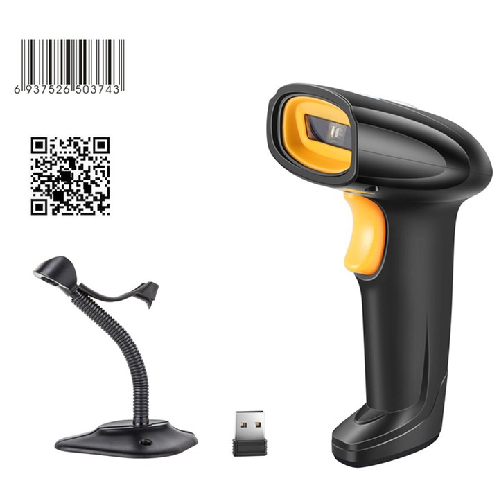 Cititor coduri de bare si QR, Duueyct, wireless, 150m raza, 2D si 1D, 180 zile autonomie, Reincarcabil USB, Suport inclus, protectie socuri, Negru