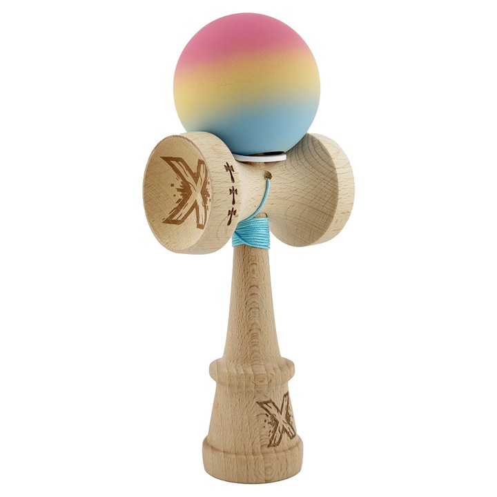 Kendama X Profesionala KING SIZE V3, 18 cm, Gradient Roz/Galben/Albastru deschis, Ata 62/65 cm, Cupe Mari