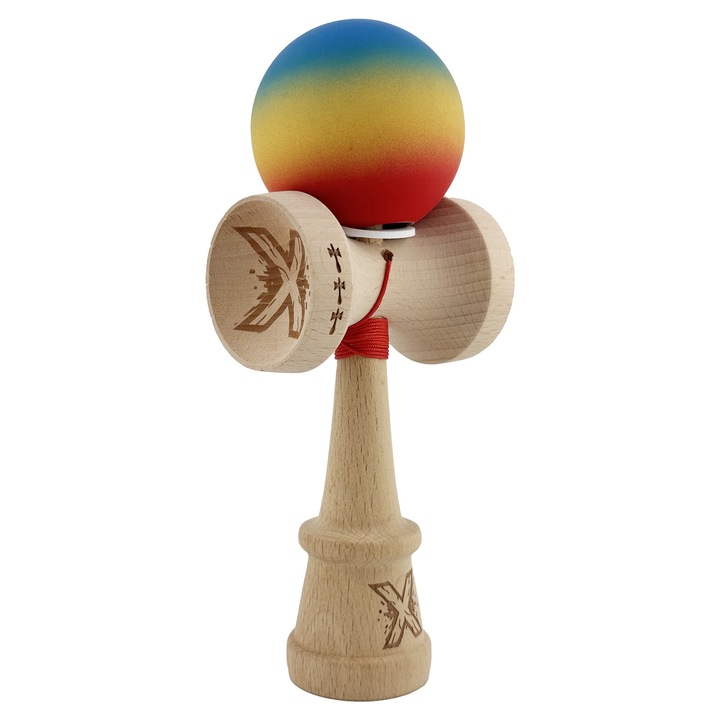 Fából készült kendama, nagy kupák, King Size V3, gumírozott fogás, kék/sárga/piros