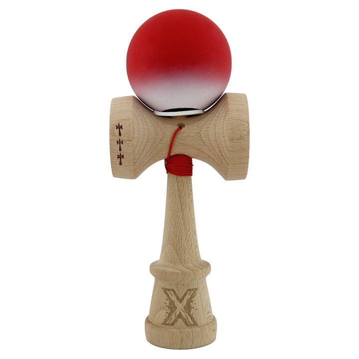 Kendama X Originala, Profesionala, Cupe BIG KING V3, Rubber Grip, Baza Gaurita, Rulment Metalic, din lemn 18 cm, Ata 62/65 cm, Gradient Rosu/Alb