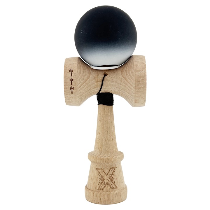 Kendama X Originala, Profesionala, Cupe BIG KING V3, Rubber Grip, Baza Gaurita, Rulment Metalic, din lemn 18 cm, Ata 62/65 cm, Gradient Negru/Alb