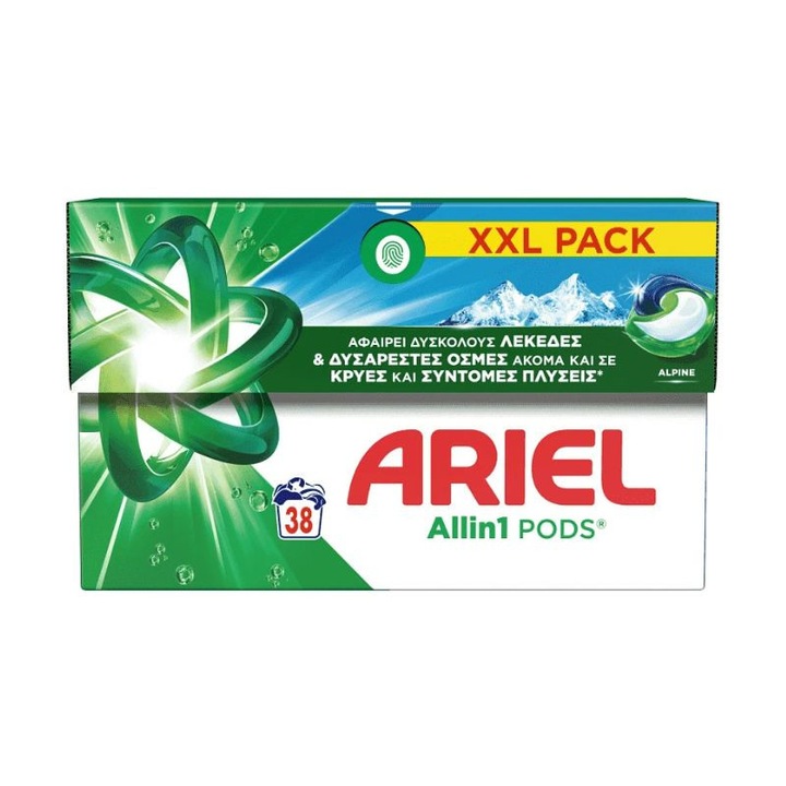 Detergent rufe capsule Ariel All in 1 Alpine, 38 spălări, haine albe, 3 în 1, parfum de prospețime alpină