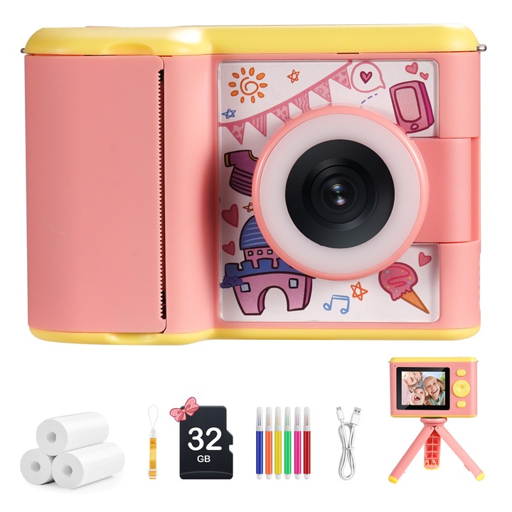 Детски фотоапарат с принтиране, BRILLAR® P16, моментален фотоапарат, въртящ се обектив на 180°, 2.4" LCD дисплей, 3 ролки термохартия, статив, цветни маркери, включени връзка и кабел за зареждане, 3-12 години, розов