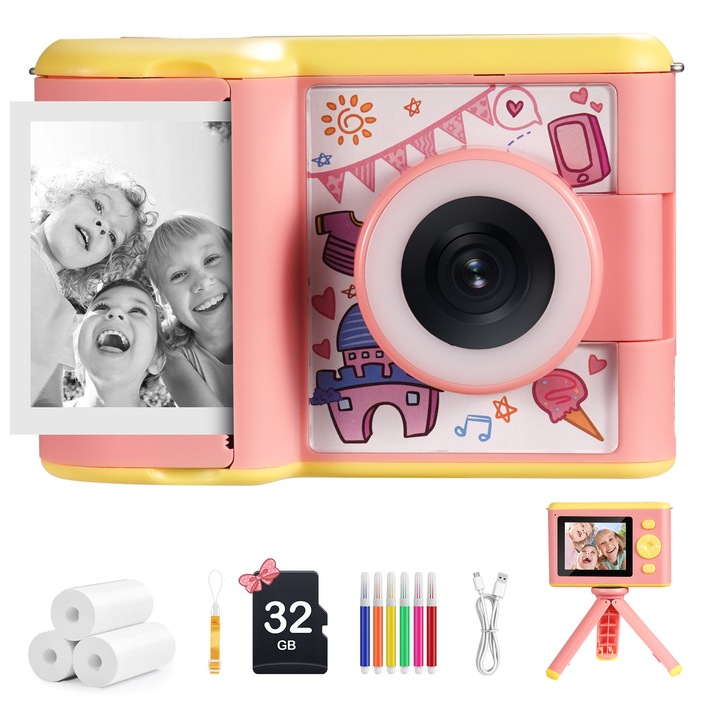 Aparat foto copii cu printare, BRILLAR® P16 Aparat foto instant, obiectiv rotativ 180°, Display LCD 2.4",3 role hartie termica, trepied, Carioci colorate, snur si cablu de incarcare incluse,3-12 ani, Roz