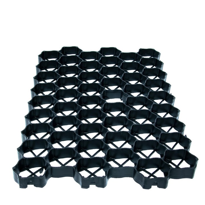 Решетка тип „пчелна пита“ за паркинги и насипи, 480 тона/кв.м, 60x40x3 см, черна пластмаса
