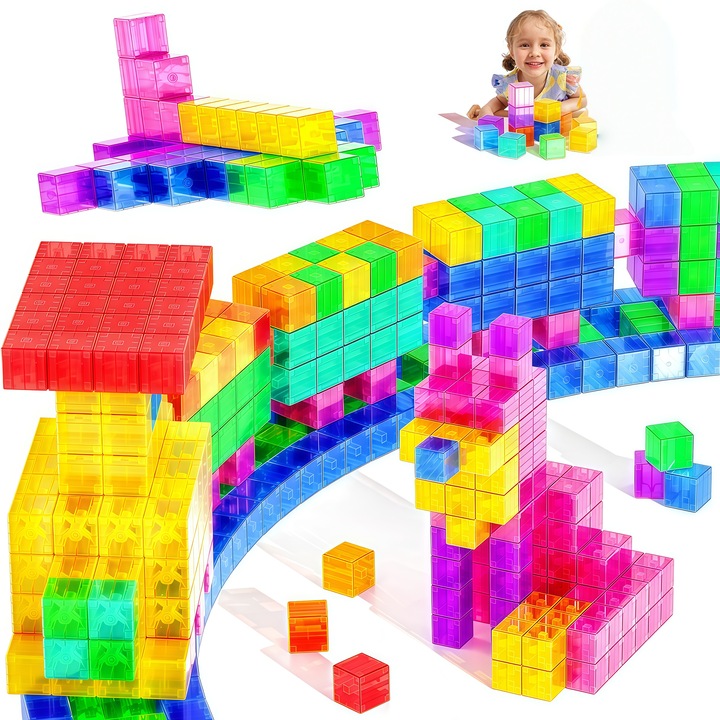 Set de constructie cu placi magnetice, Wacorresi®, Set de Construit cu Piese Magnetice, 96 Cuburi Magnetice, Potrivite pentru Baieti si Fete, Jucarii Educative Creative, 3-8 Ani, transparent