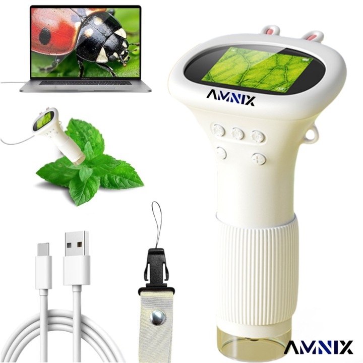 Microscop Digital pentru Copii AMNIX 1000X, Ecran IPS 2”, Foto & Video, 8 LED-uri, Conectare PC, Suport Card 64GB, Baterie Reincarcabila 2h, Microscop Educativ STEM Portabil, alb