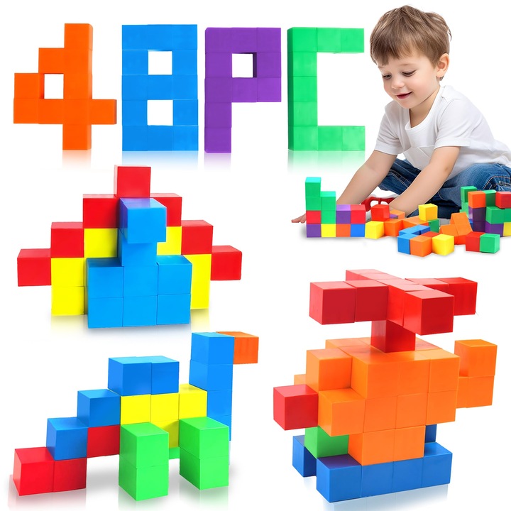 Set de constructie cu placi magnetice, Wacorresi®, Set de Construit cu Piese Magnetice, 48 Cuburi Magnetice, Potrivite pentru Baieti si Fete, Jucarii Educative Creative, 3-8 Ani, Multicolor