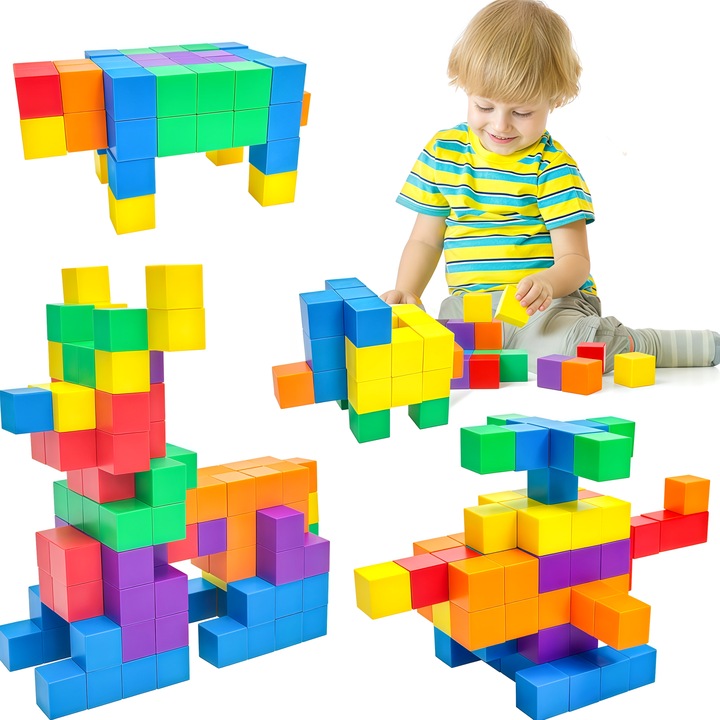 Комплект за изграждане с магнитни плочки, Wacorresi®, Комплект за изграждане с магнитни части, 48 магнитни кубчета, подходящи за момчета и момичета, креативни образователни играчки, 3-8 години, многоцветен
