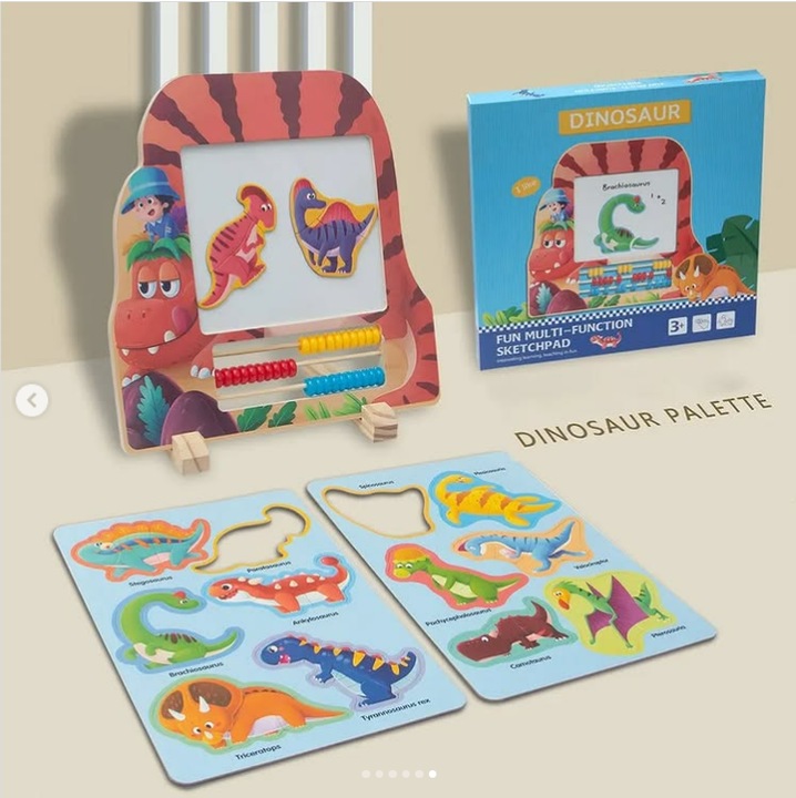 Jucărie educativă din lemn 3-in-1, set Montessori, tabla magnetică + puzzle dinozauri + abac, multicolor, pentru 3 ani